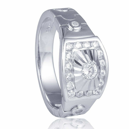 Rhodium Plated Sterling Silver Men's Ring CZ