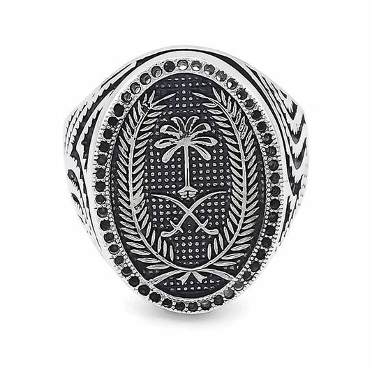 (MR167) Rhodium Plated Sterling Silver Saudi Arabia Symbol CZ Men Ring – 18x25mm