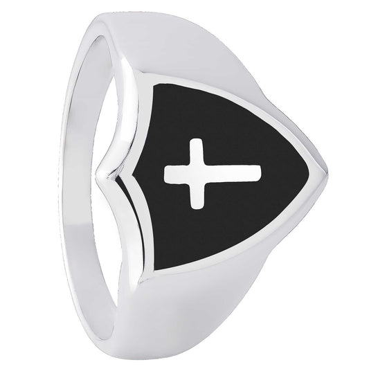 (MR191) Rhodium Plated Sterling Silver Men’s Cross Ring With Black Enamel