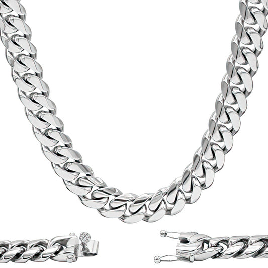 (MIA250) 8.2mm Italian Rhodium Plated Sterling Silver Miami Cuban Chain with Box Lock