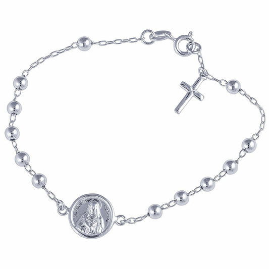 (ROS029B) Rhodium Plated Sterling Silver Rosary Bracelet – 19cm