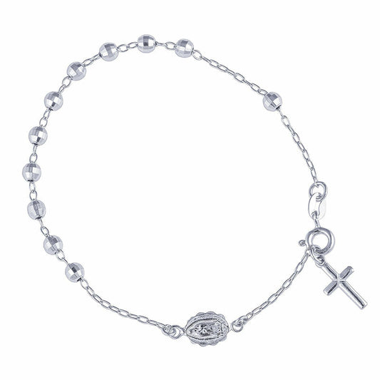 (ROS038B) 4mm Rhodium Plated Sterling Silver Diamond Cut Rosary Bracelet – 19cm