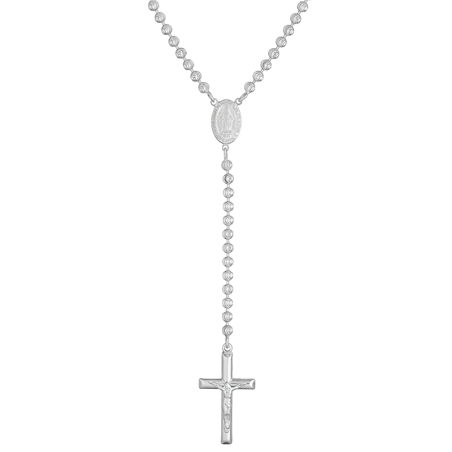 ROS100 – Rhodium Plated Sterling Silver 4mm Diamond-Cut Rosary Necklace with Crucifix
