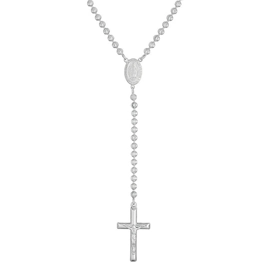ROS100 – Rhodium Plated Sterling Silver 4mm Diamond-Cut Rosary Necklace with Crucifix