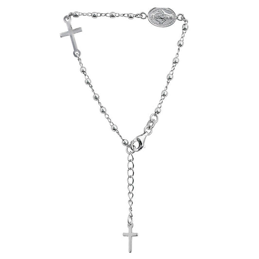 (ROS110B) 3mm Plain Ball Rhodium Plated Sterling Silver Rosary Bracelet With Extension – 15+3cm