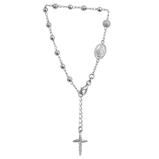(ROS113B) 4mm Mixed Ball Rhodium Plated Sterling Silver Rosary Bracelet With Extension – 18+2.5cm