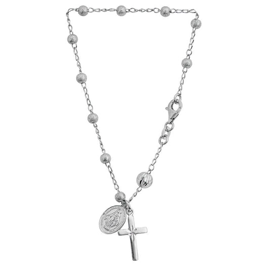 (ROS114B) 4mm Mixed Ball Rhodium Plated Sterling Silver Rosary Bracelet – 19cm