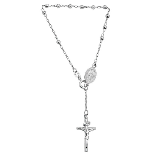 (ROS115B) 3mm Rhodium Plated Sterling Silver Diamond Cut Rosary Bead Bracelet
