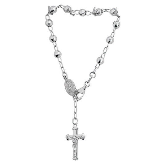 (ROS119B) 5mm Rhodium Plated Sterling Silver Diamond Cut Rosary Bead Bracelet