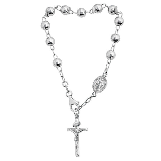 (ROS121B) 6mm Rhodium Plated Sterling Silver Diamond Cut Rosary Bead Bracelet