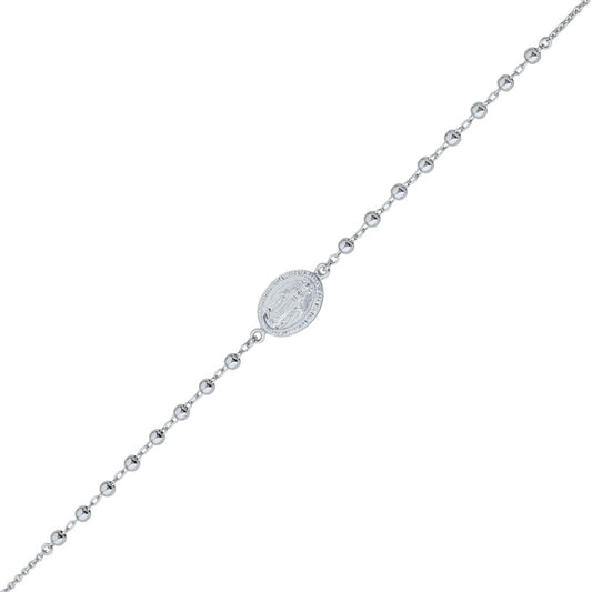 (ROS125B) Rhodium Plated Sterling Silver Medallion Rosary Bracelet with no cross – 18.5cm Plus Extension Chain