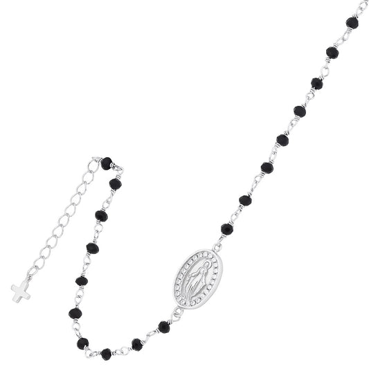 ROS135B – Rhodium Plated Sterling Silver Black Bead Medallion Rosary Bracelet with Extension