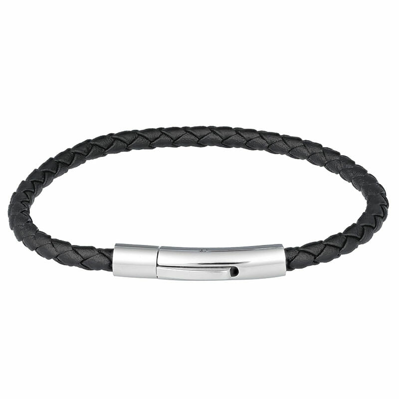 (4LB06) 4mm Mens Black Leather Stainless Steel Bangle Bracelet With Shiny Clip