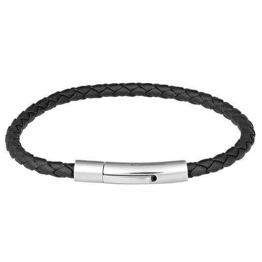(4LB06) 4mm Mens Black Leather Stainless Steel Bangle Bracelet With Shiny Clip