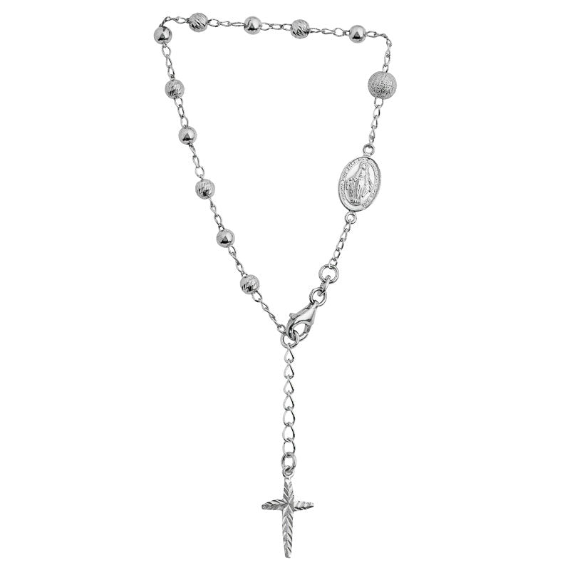 (ROS113B) 4mm Mixed Ball Rhodium Plated Sterling Silver Rosary Bracelet With Extension – 18+2.5cm