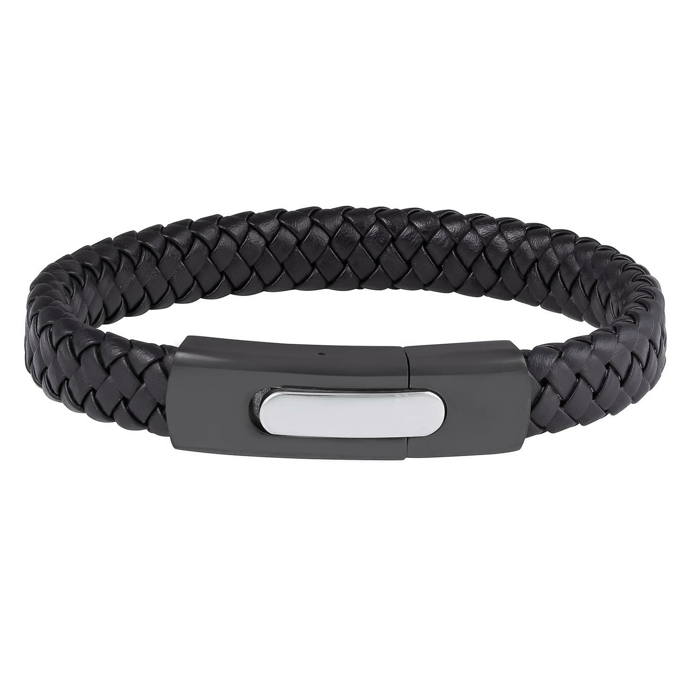 12LB12 – 12mm Men's Black Leather & Stainless Steel Bangle Bracelet