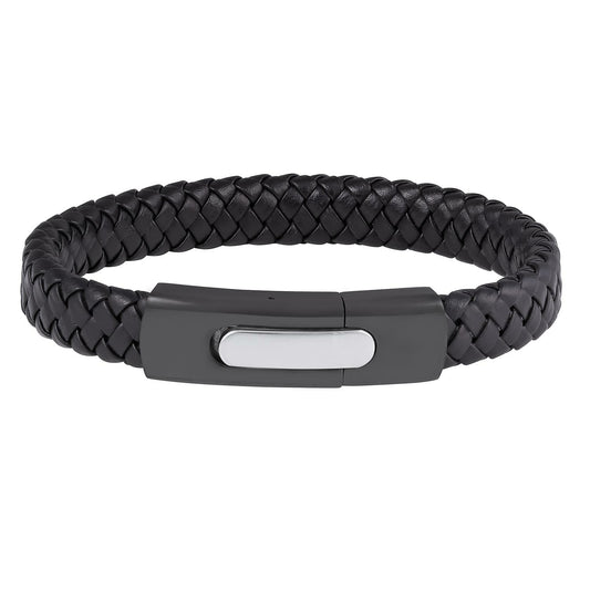 12LB12 – 12mm Men's Black Leather & Stainless Steel Bangle Bracelet